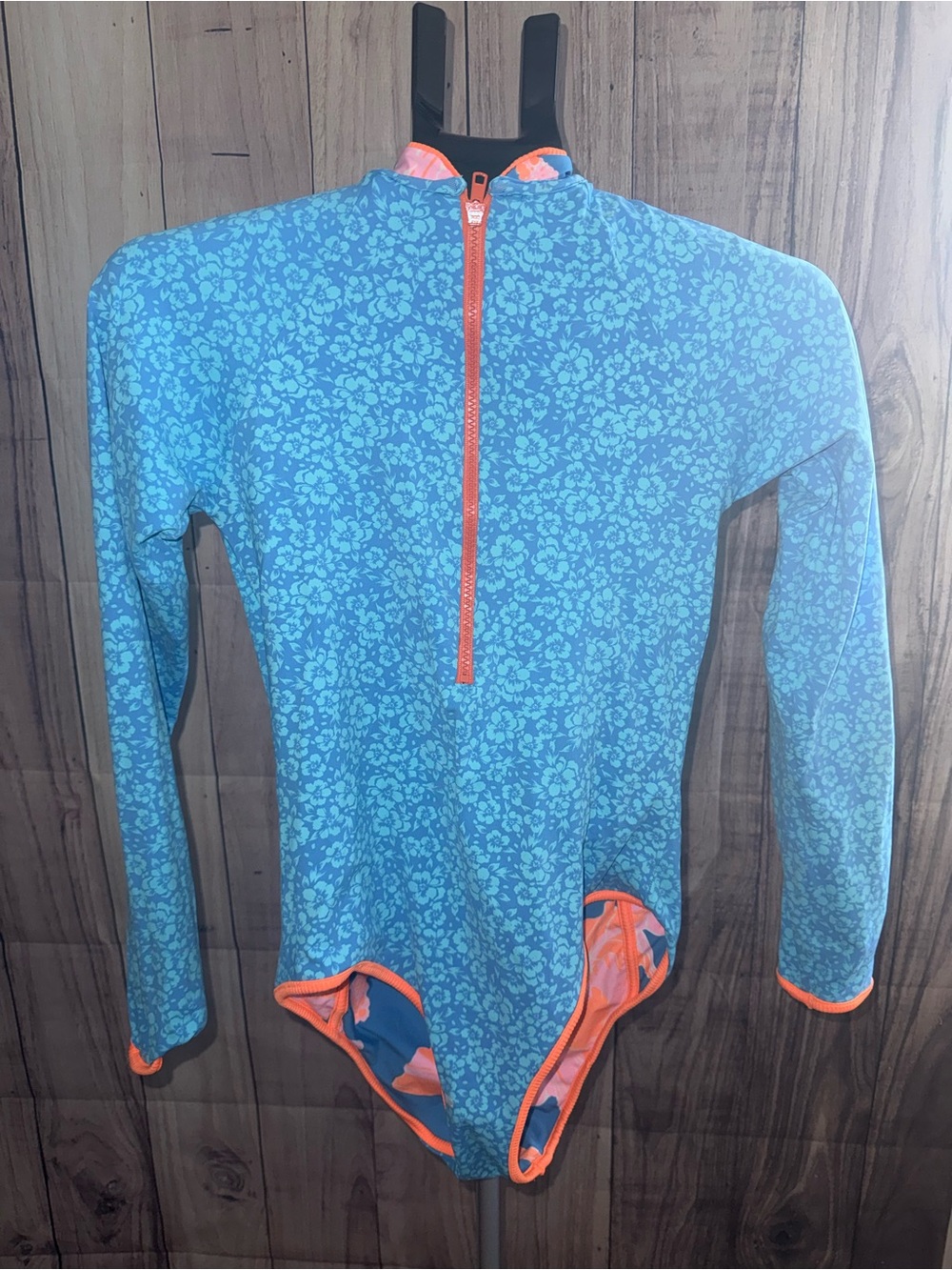 Long-Sleeve Floral Zip Front Swimsuit in Blue/Orange - Picture 9 of 9